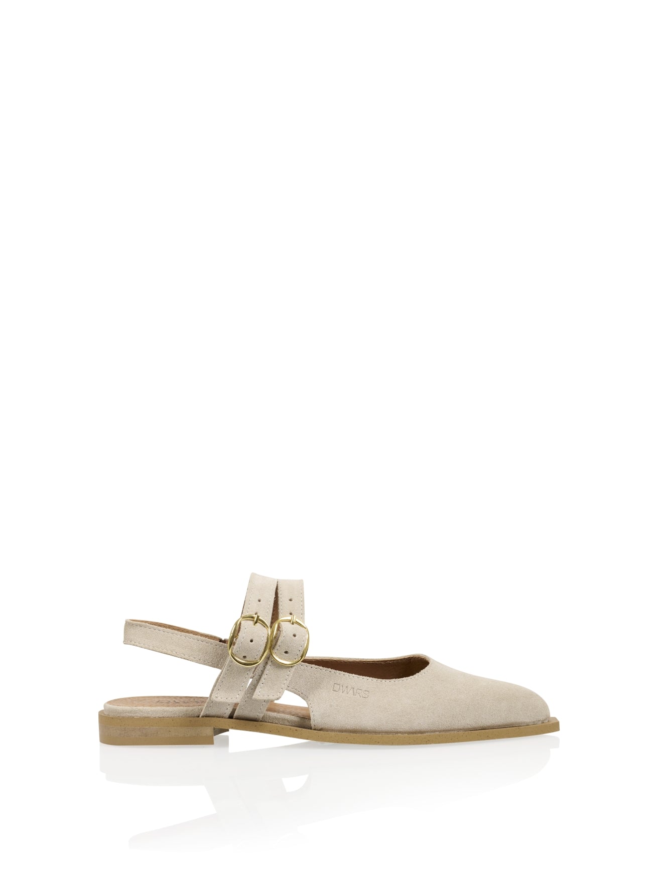 DWRS PORT LA BELLE sand suède leren slingback dames met dubbele bandjes en gouden gespen zijaanzicht.