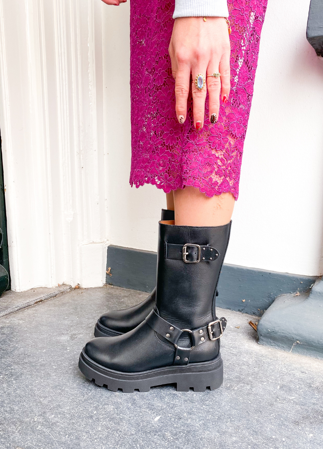 CREEK Leder Bikerstiefel Schwarz