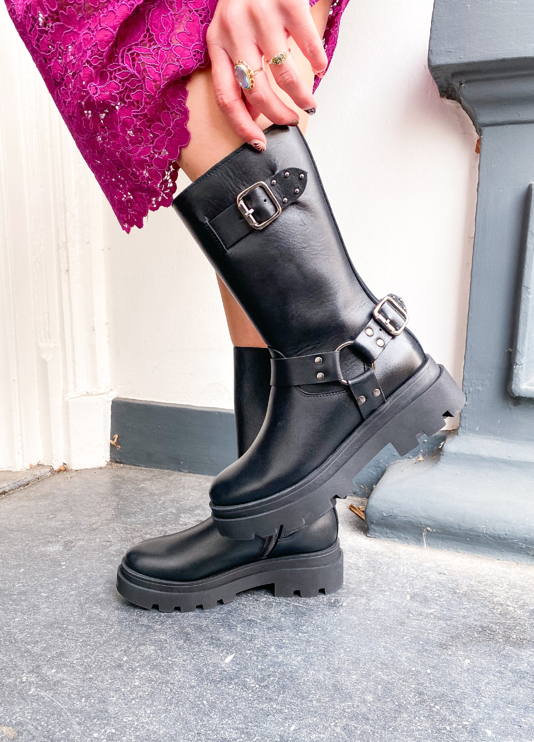 CREEK leather Biker boots Black